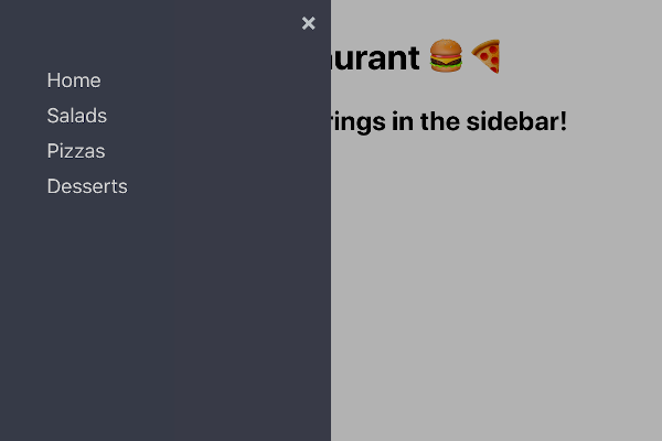 Screenshot of the Cool Restaurant webpage with the sidebar open