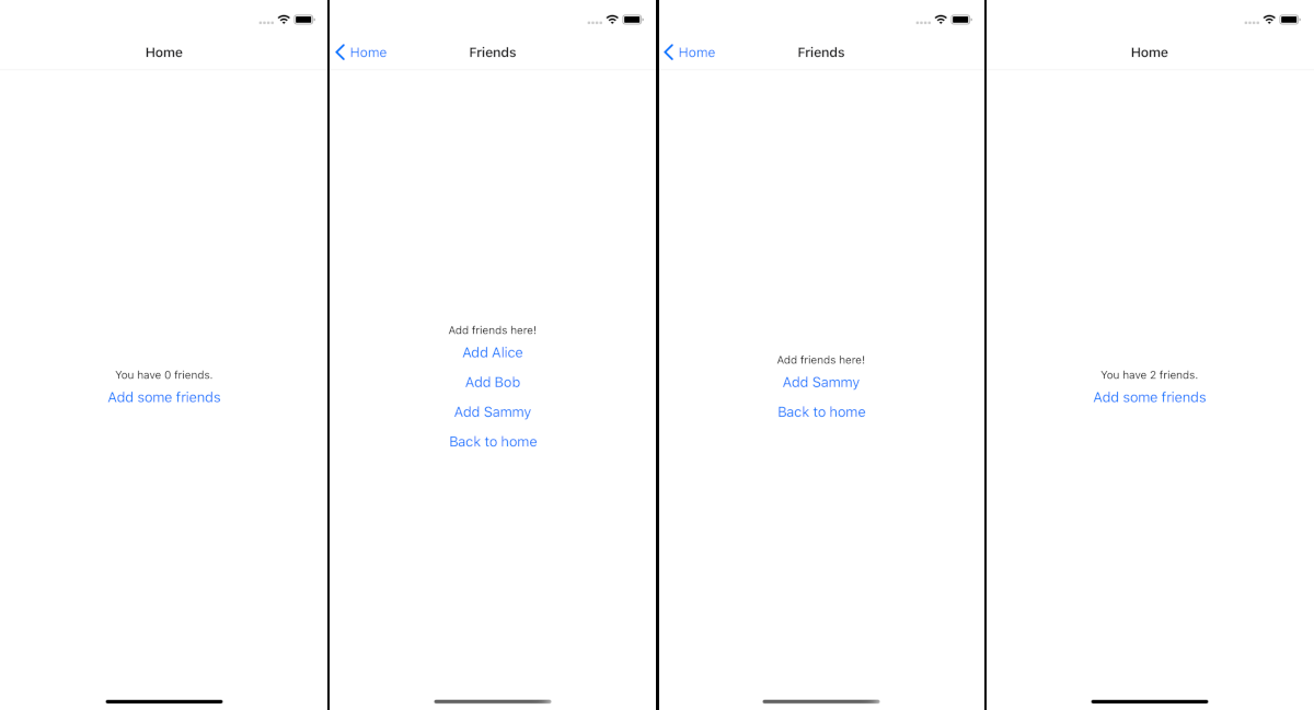 A series of screenshots depicting the HomeScreen and FriendsScreen as a user adds two friends and the array of possible friends and count of current friends channges.