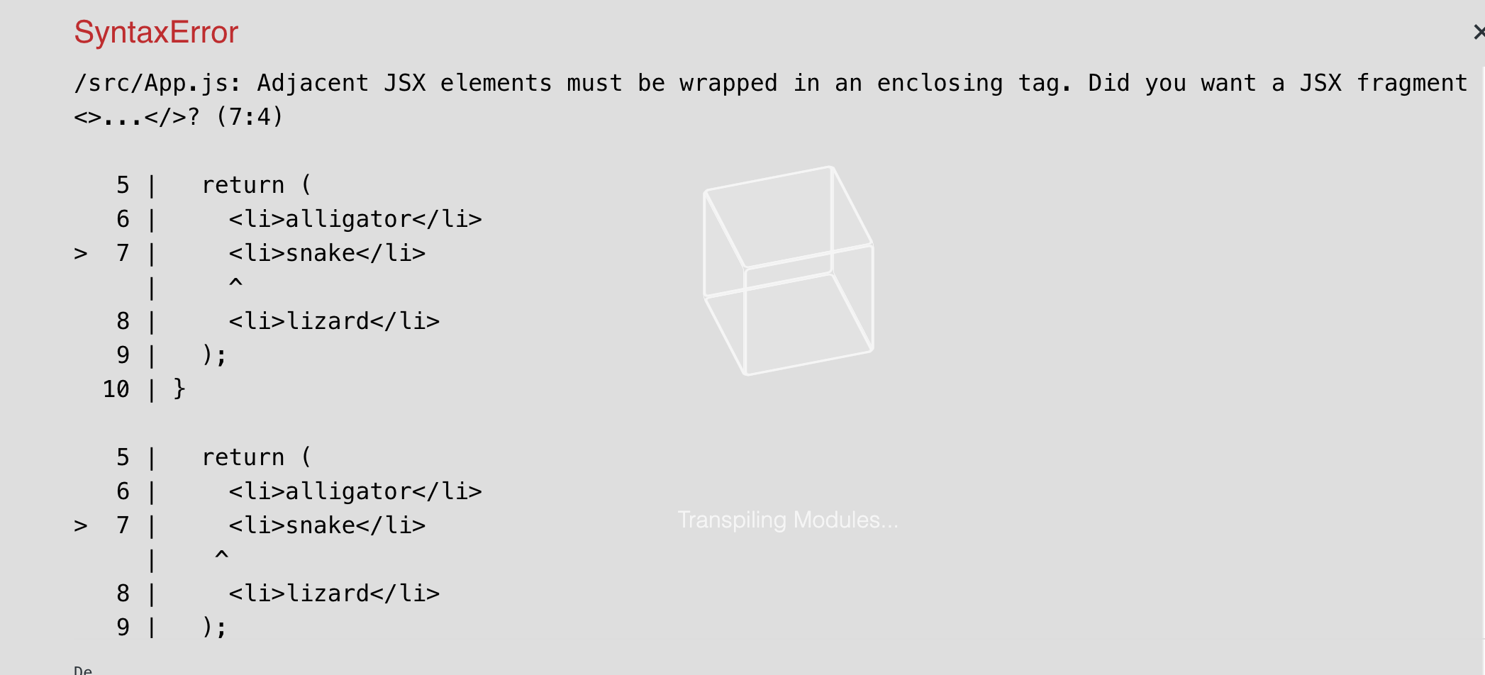 Hard error from React for Adjacent JSX elements