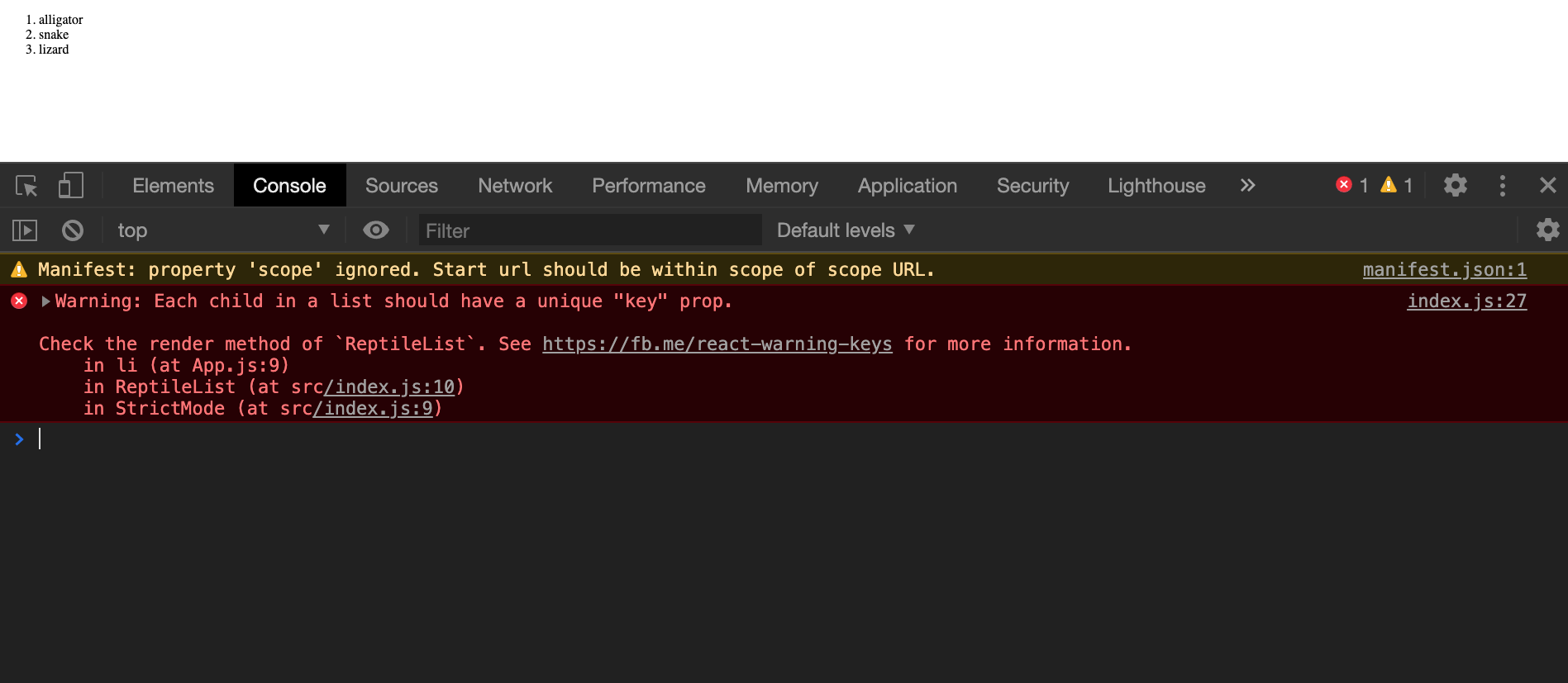 Warning in console