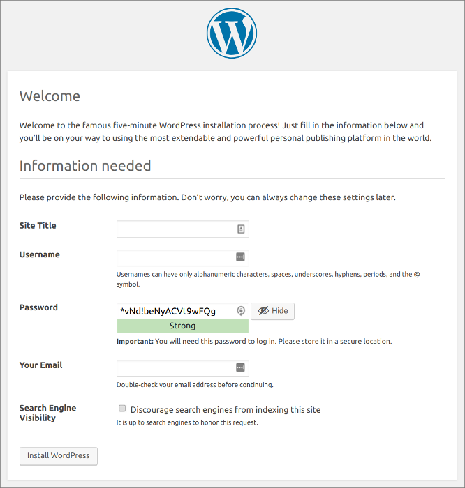 WordPress install screen