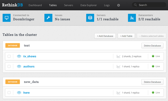 RethinkDB tables page