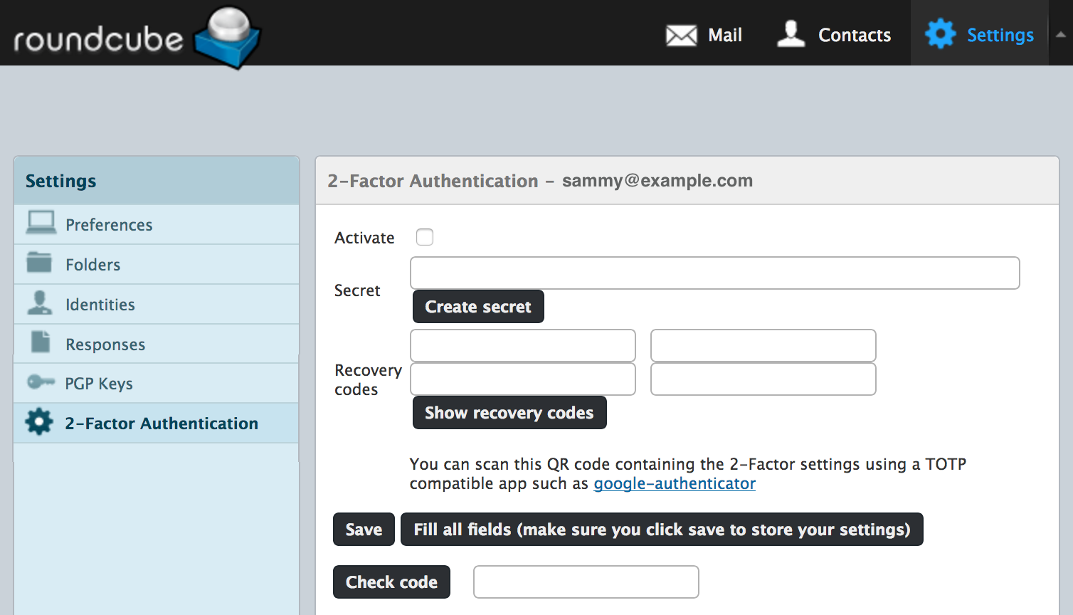 Roundcube 2-Factor Authentication settings page