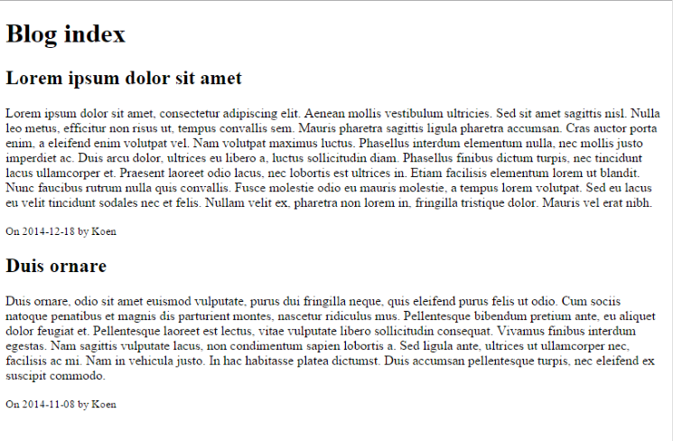 Browser view of the new index page, listing all posts
