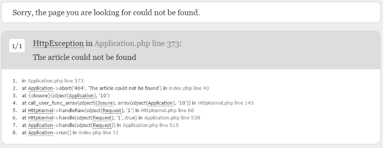 The browser view of a non-existing article error, HttpException