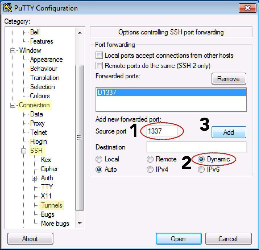 Putty Connection>SSH>Tunnel