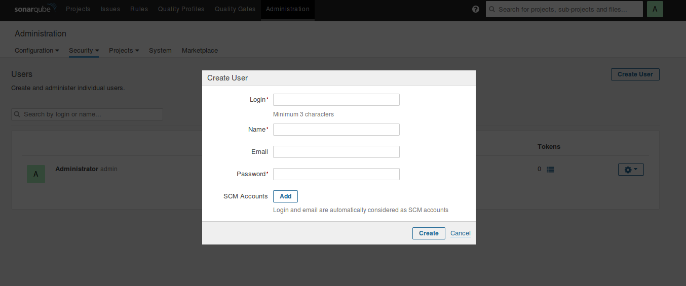 SonarQube new user dialog