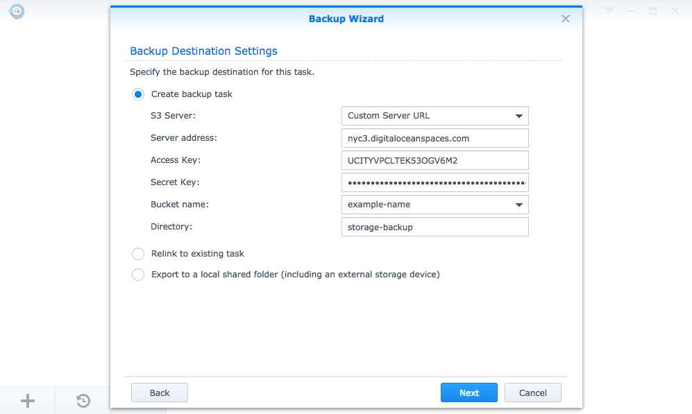 Hyper Backup's Backup Wizard interface for creating a new backup task