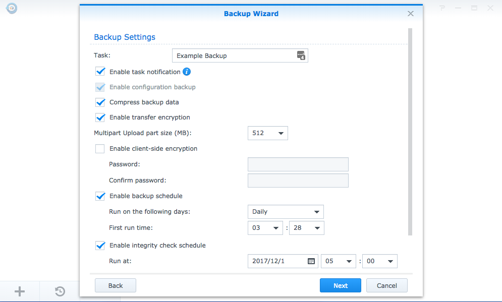 Hyper Backup's Backup Wizard interface for configuring backup options