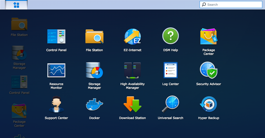 Synology DSM's main menu screen