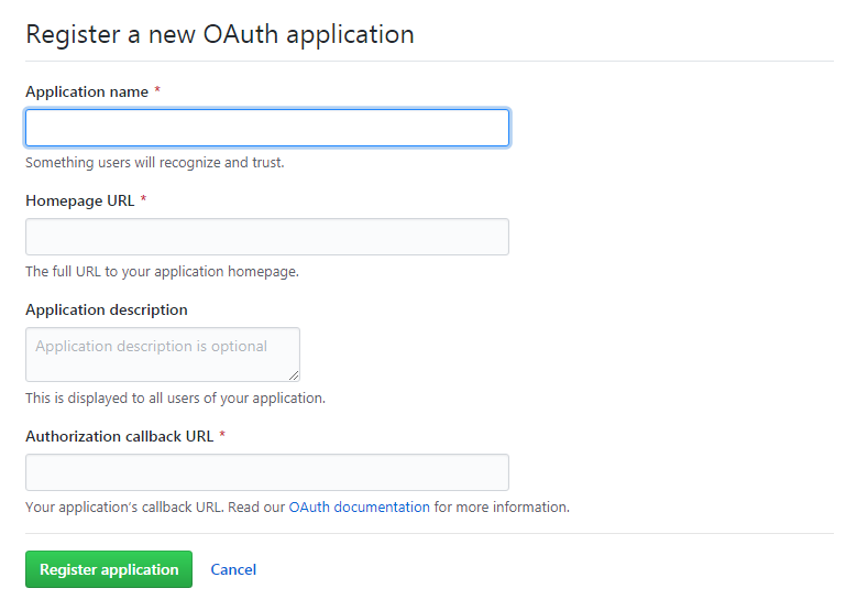Creating a new OAuth App on GitHub