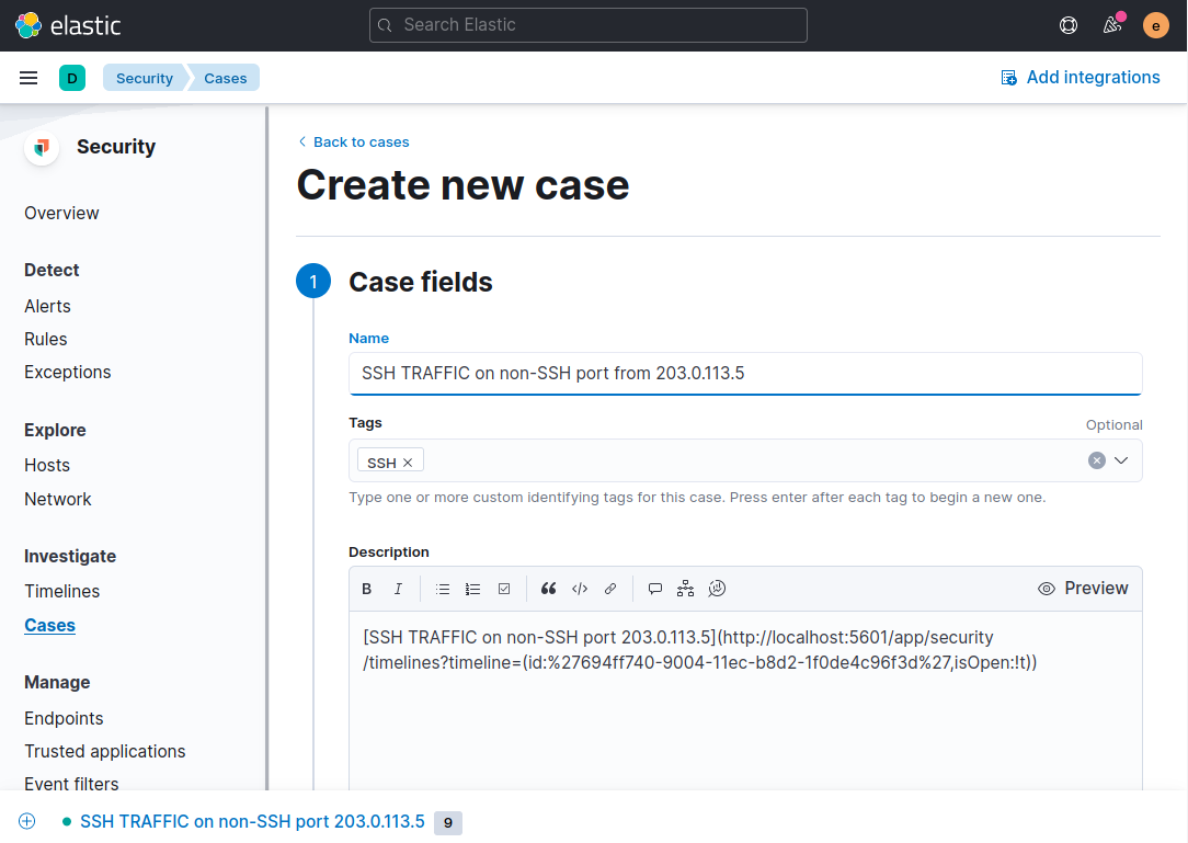 Screenshot of the Create new case page with a link to the timeline in the description field