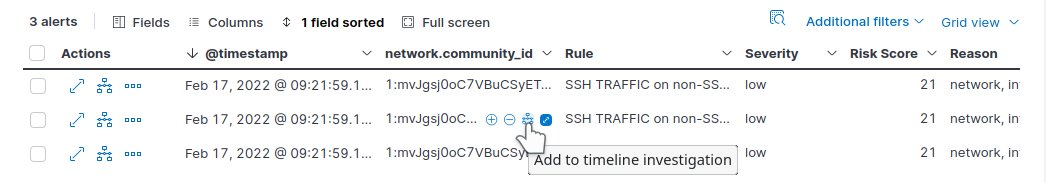Screenshot of adding a set of alerts grouped by community_id field to a timeline