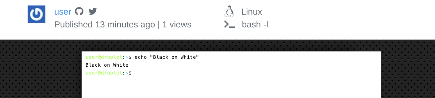 A screenshot of the Terminalizer website, showing an example of a recording with a black-on-white theme