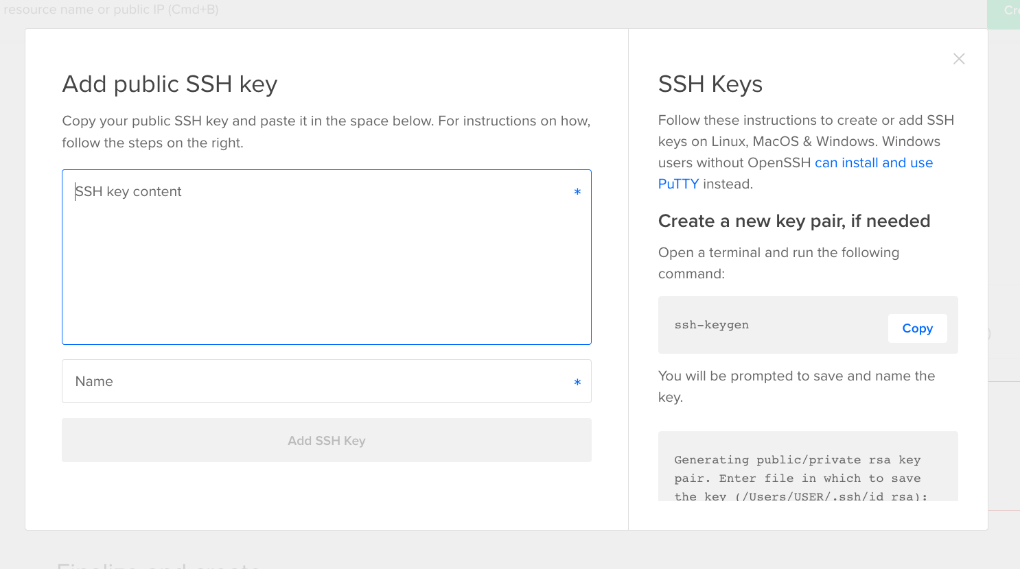Pop-up window for SSH key