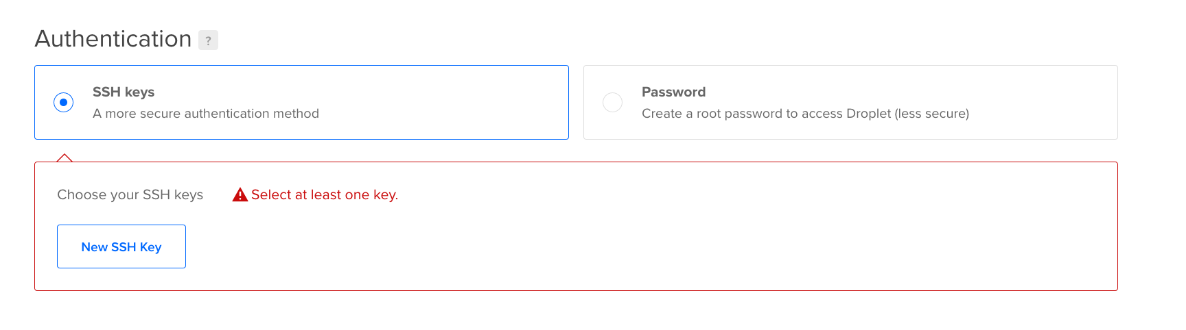 Authentication section of Droplet set up