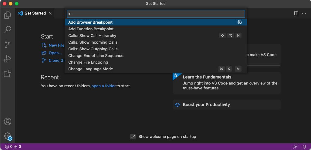 A screenshot of the Visual Studio Code interface with the Command Palette activated, waiting for input to be entered after its '>' prompt