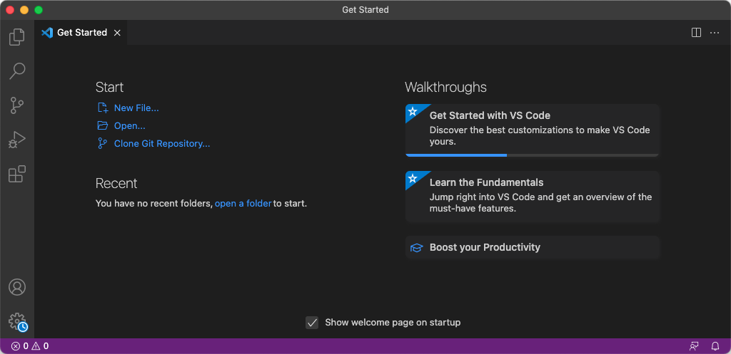 A screenshot of the default "Get Started" screen in the Visual Studio Code interface, including an icon toolbar along the left-hand side, a few suggested activities to get started such as "New File..." and "Open...", and some highlighted instructional walkthroughs