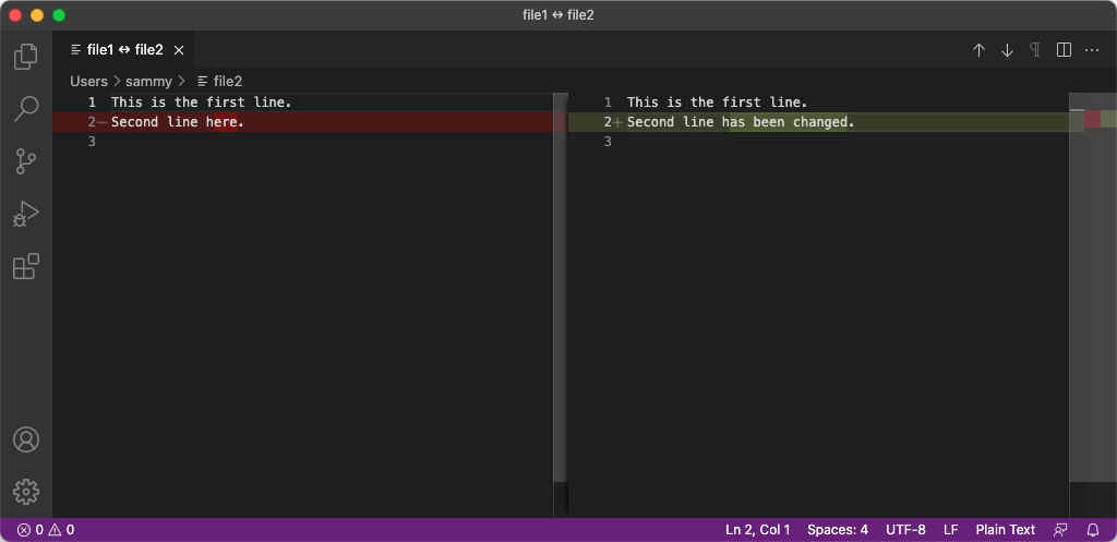 A screenshot of the Visual Studio Code diff interface, with two files side by side, and the second line highlighted, showing a few words have changed between the two versions