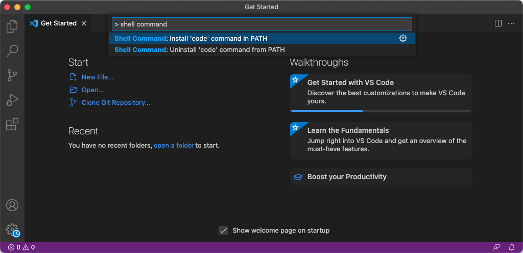 A screenshot of the Visual Studio Code interface, with the Command Palette activated and the "Install 'code' command in PATH" command highlighted