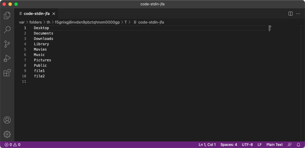 A screenshot of Visual Studio Code with a text file open, displaying the text piped in from the ls command. The text is standard directories such as Desktop and Documents, along with file1 and file2 used in the previous section