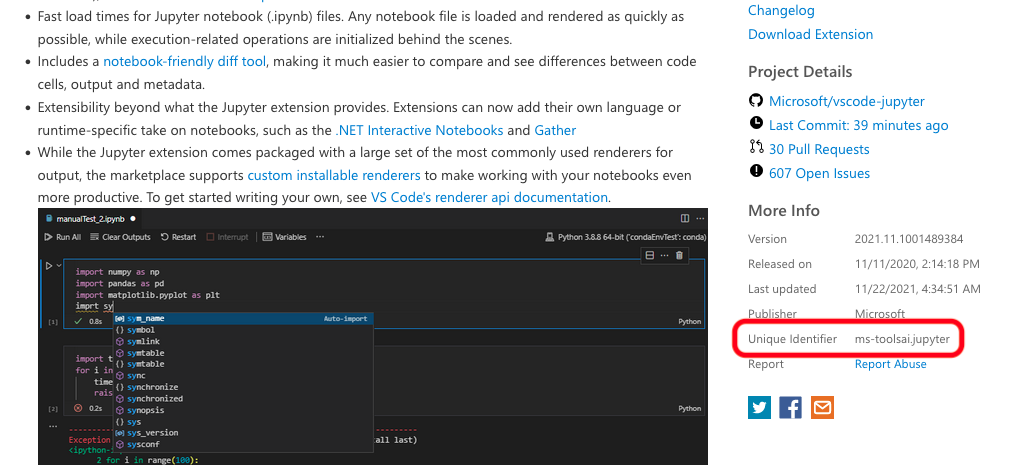 A screenshot of the Jupyter extension's page on the Visual Studio Marketplace, highlighting the 'Unique Identifier ms-toosai.jupyter' unique id information in the page's right-hand column