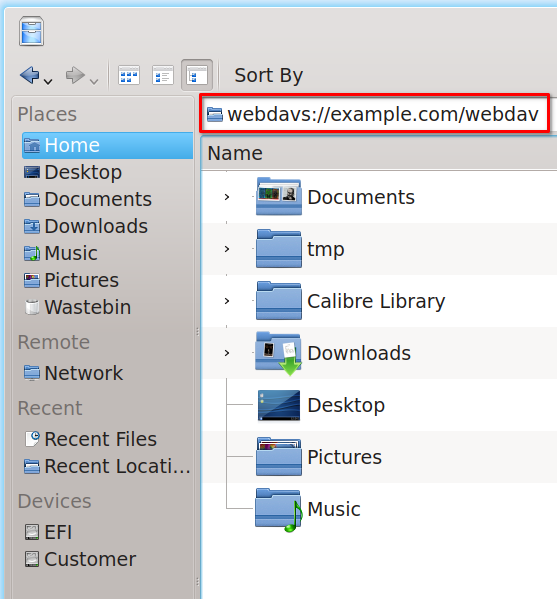 image showing WebDAV link in the Dolphin address bar