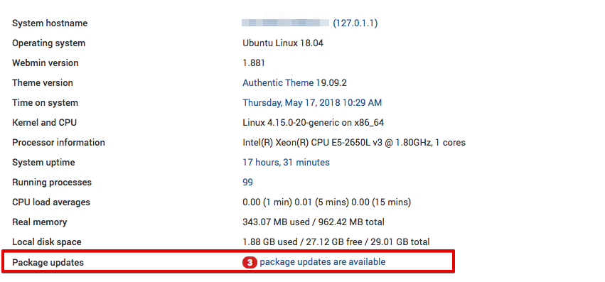 Webmin shows the number of package updates available
