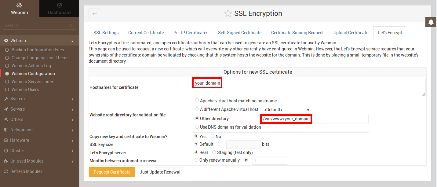 Image showing the Let's Encrypt tab of the SSL Encryption section