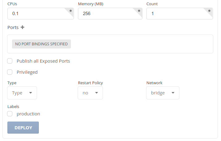 Fields: Ports, Type, Restart Policy, Labels