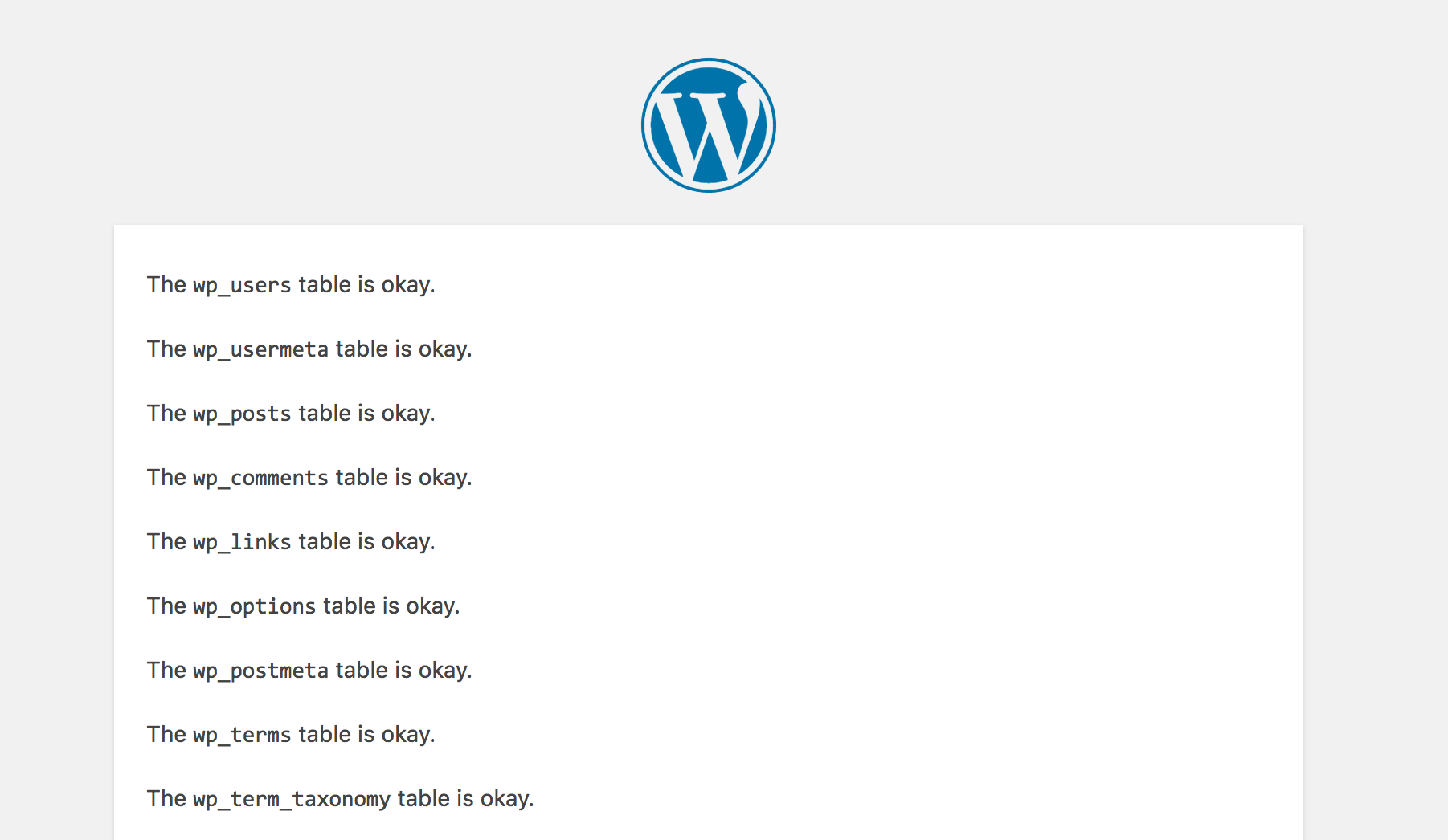 WordPress database repair results page