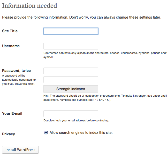 WordPress Installation page