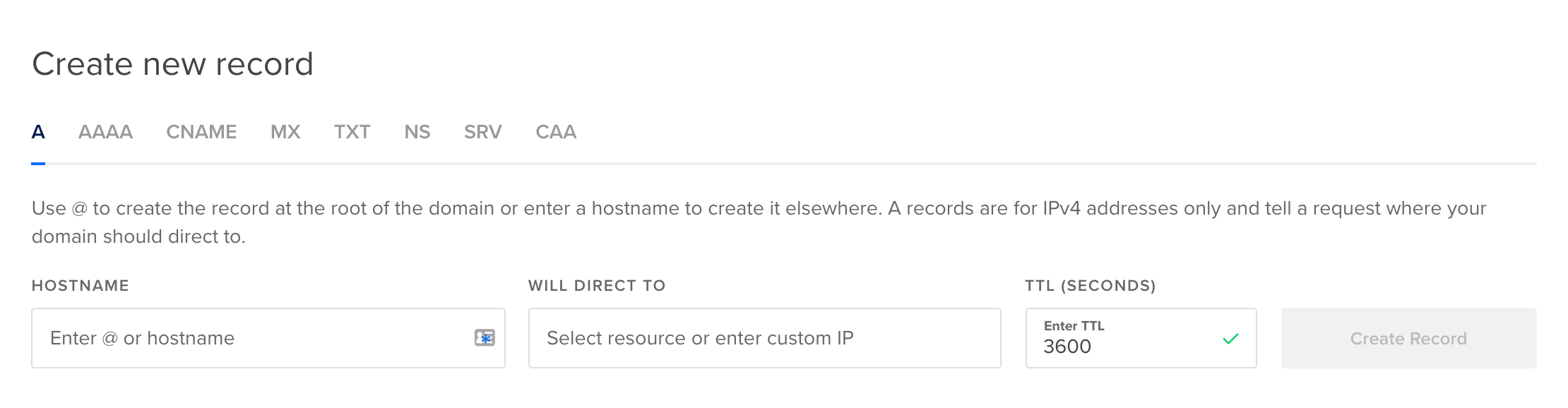 DigitalOcean DNS record create page