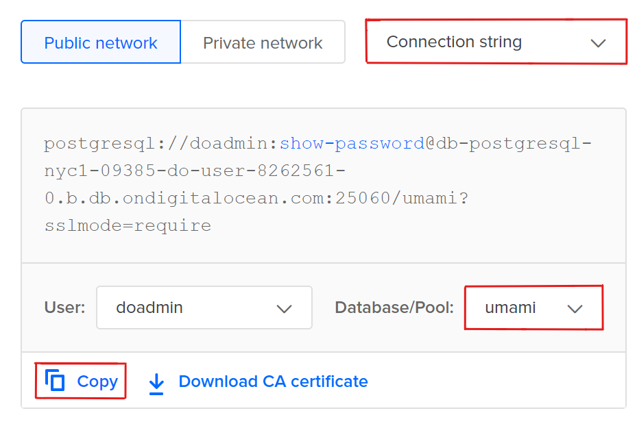Locating the connection string of a DigitalOcean managed database
