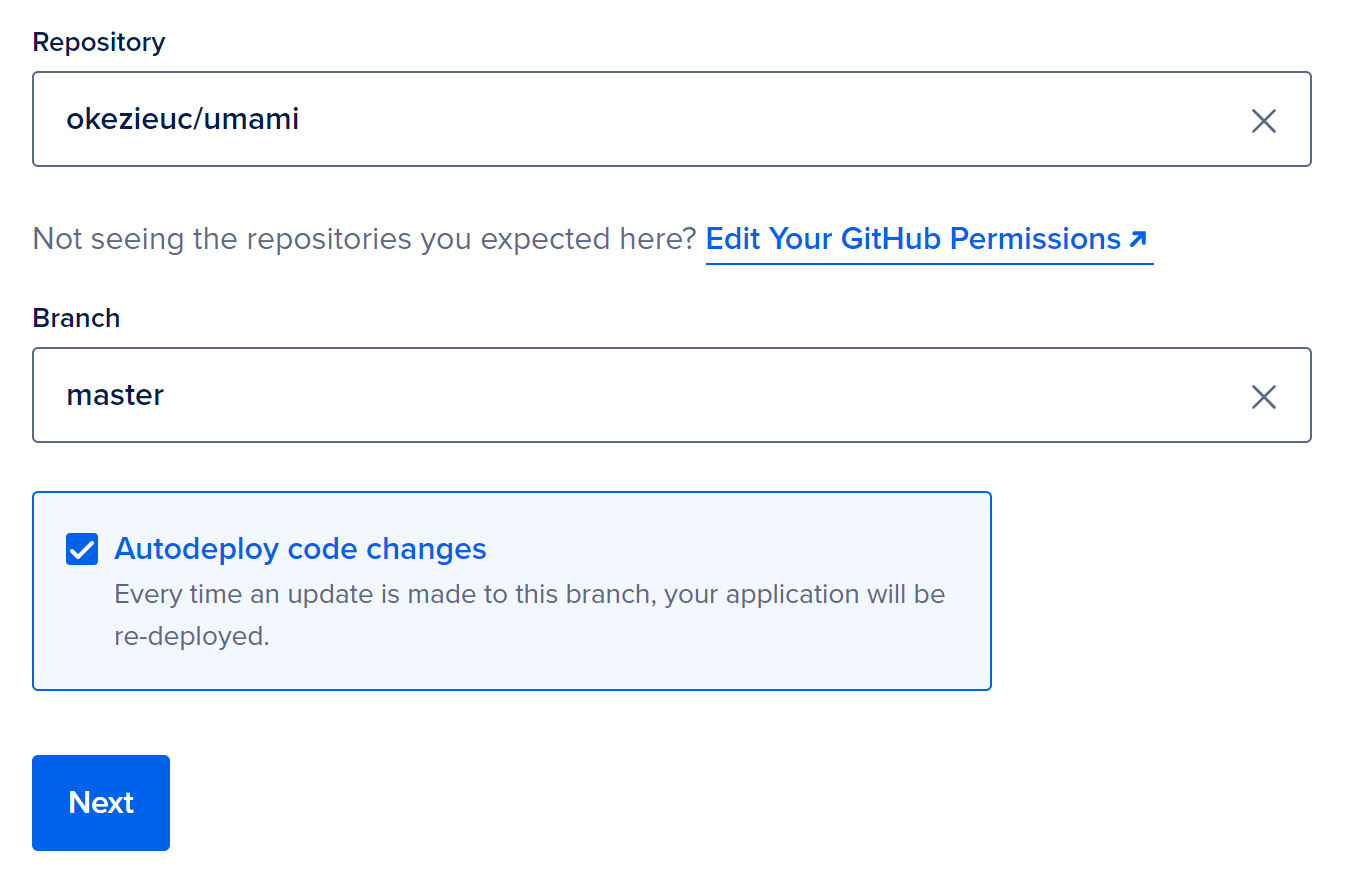 Selecting a GitHub repository to deploy to App Platform from