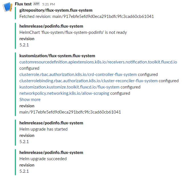 Slack - Flux logged successful chart install