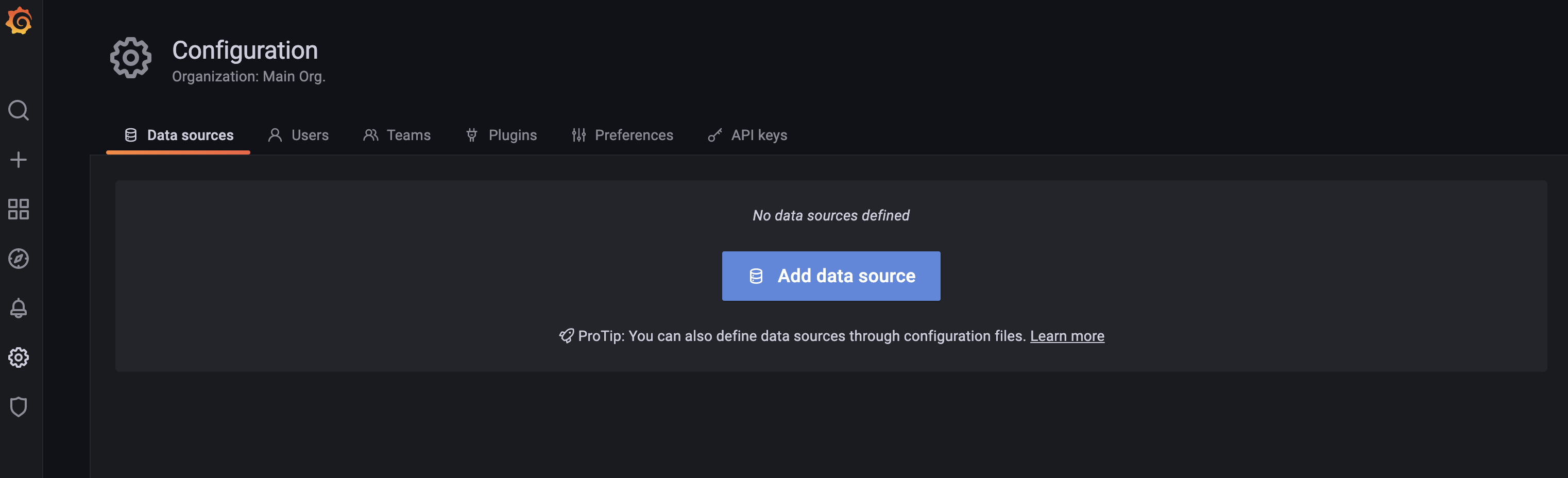 Screencapture showing the button for adding a data source in Grafana