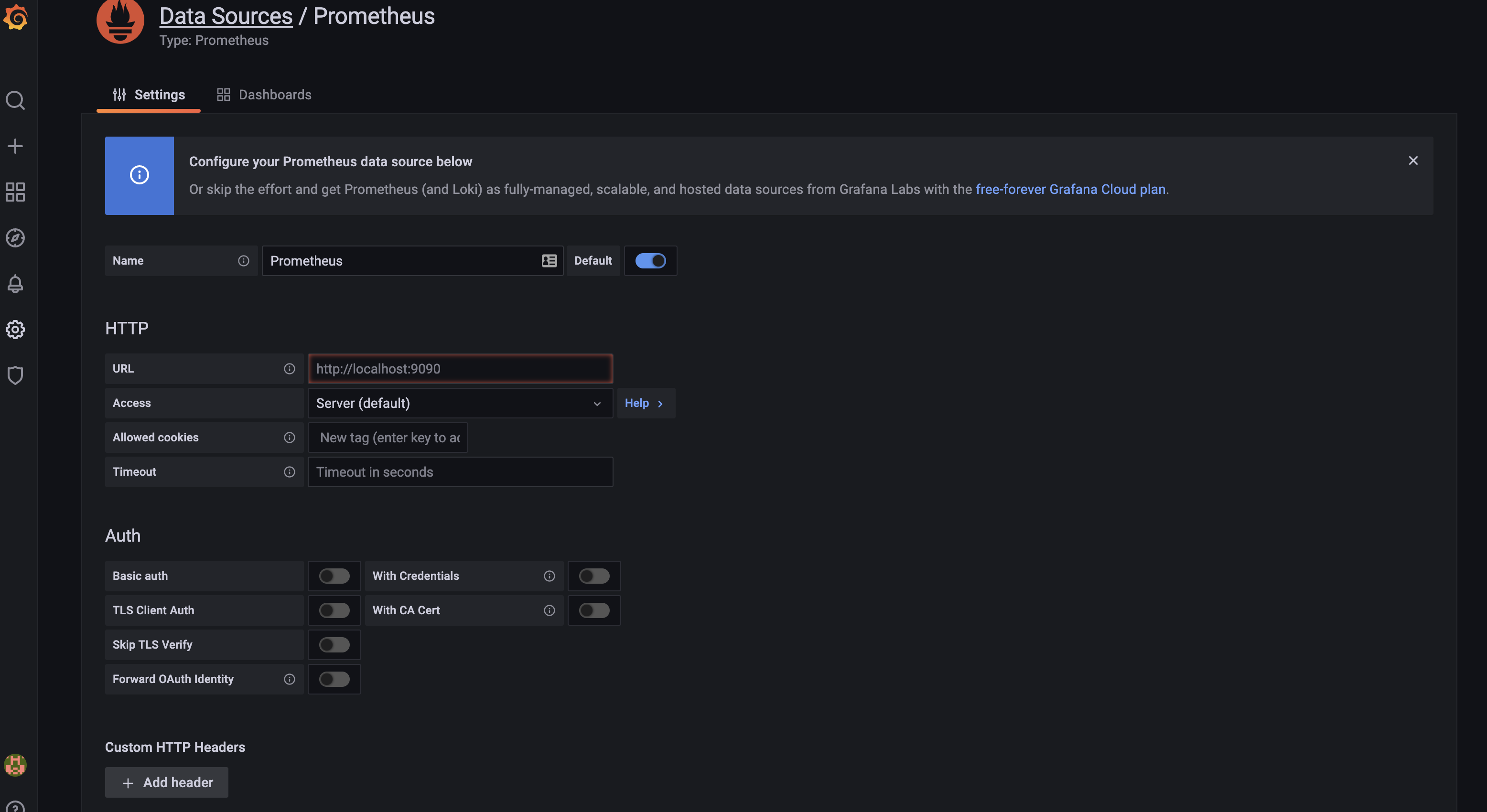 Screencapture showing the configuration settings for the Prometheus data source in Grafana