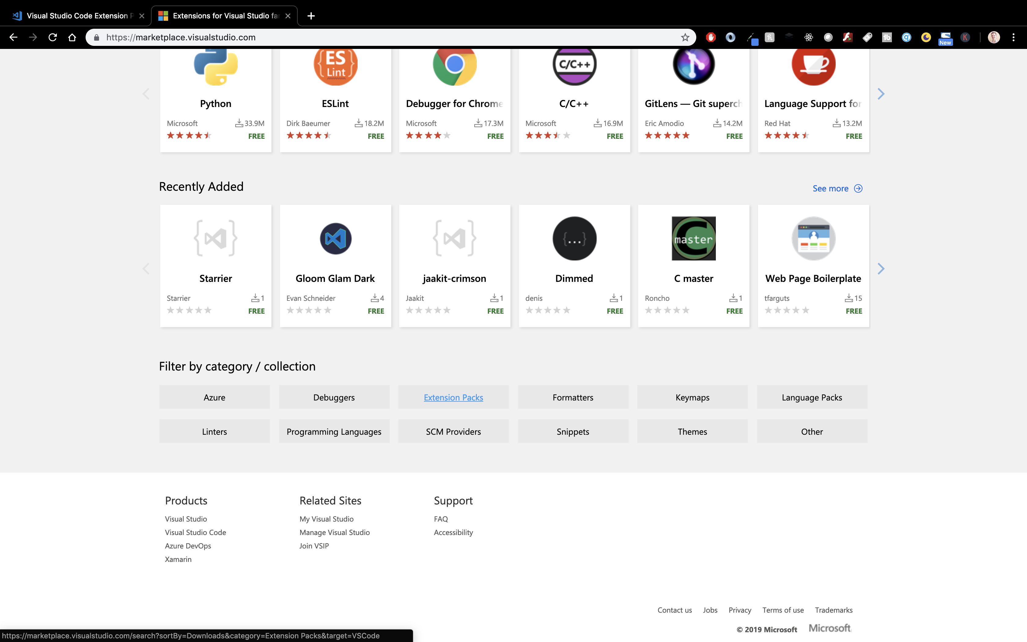 extension pack marketplace with the filter section at the bottom