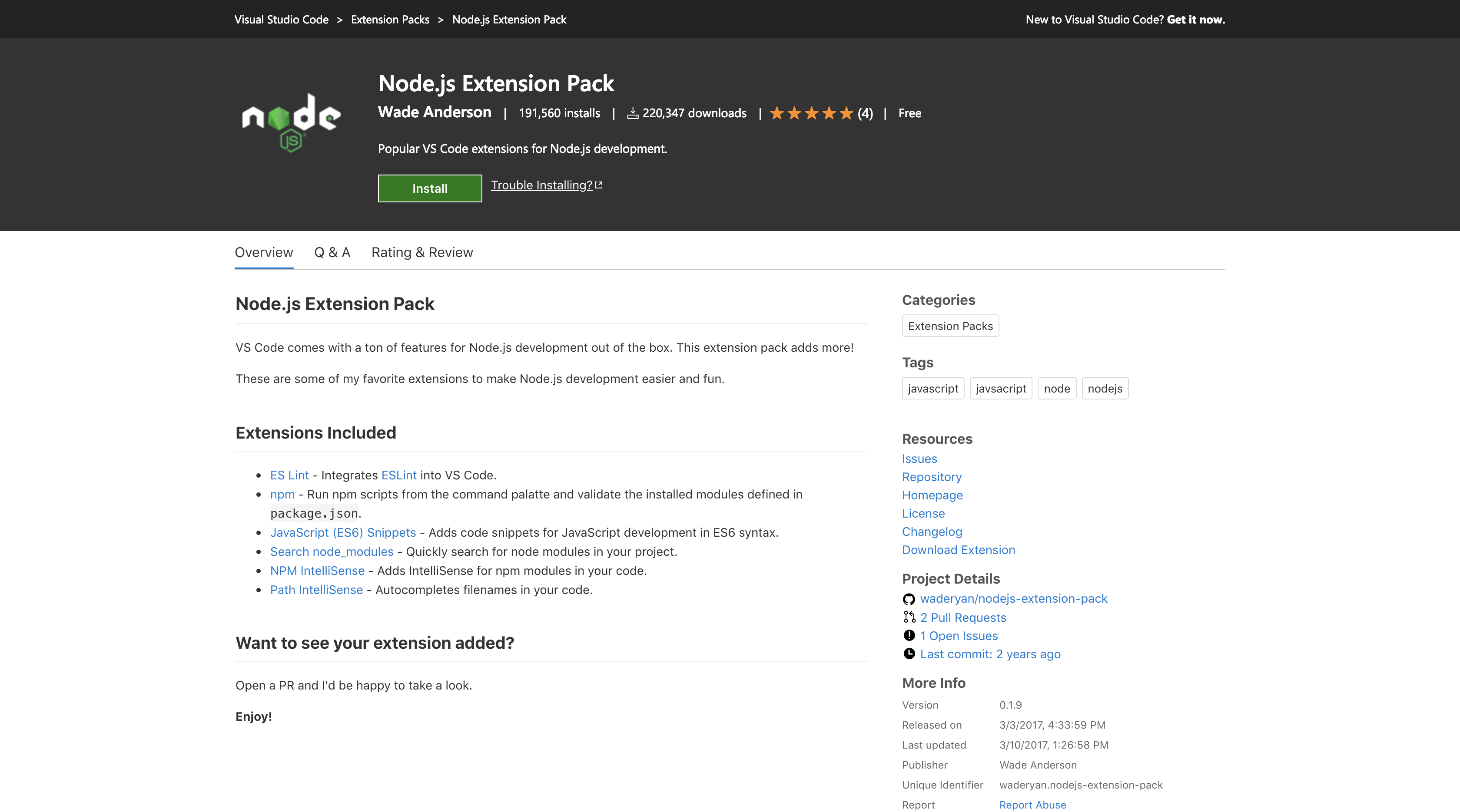 The node.js pack homepage