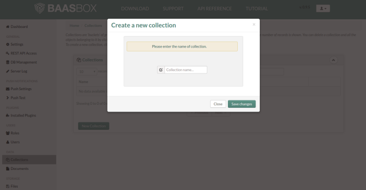 BaasBox Admin Console - New Collection