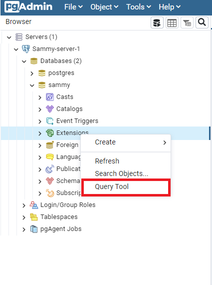 Query Tool option from Extensions