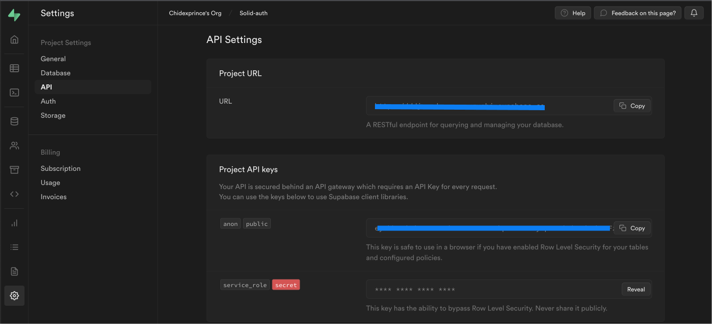 A Supabase API settings page showing project URL and API keys