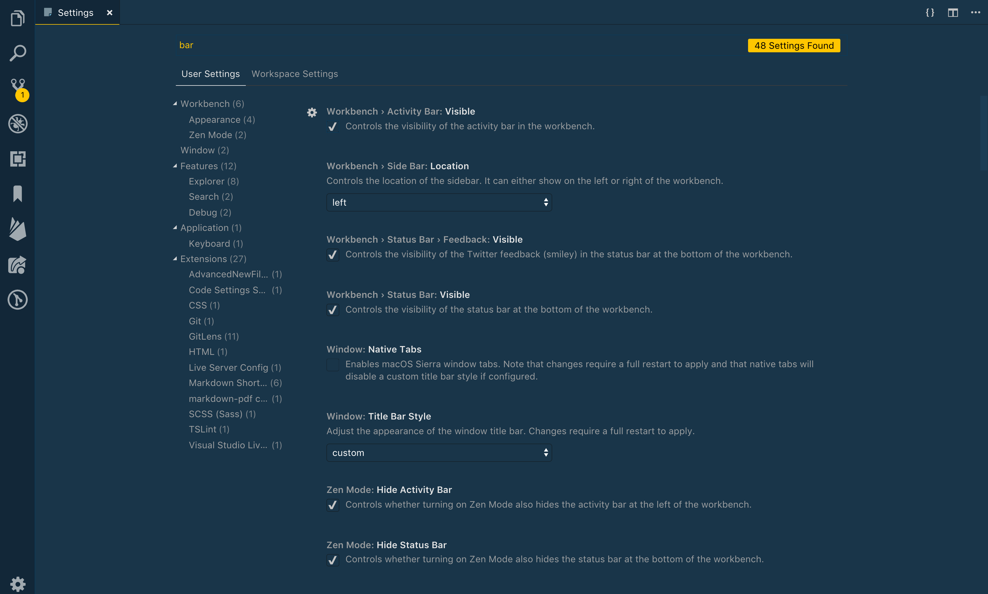 Settings menu after searching