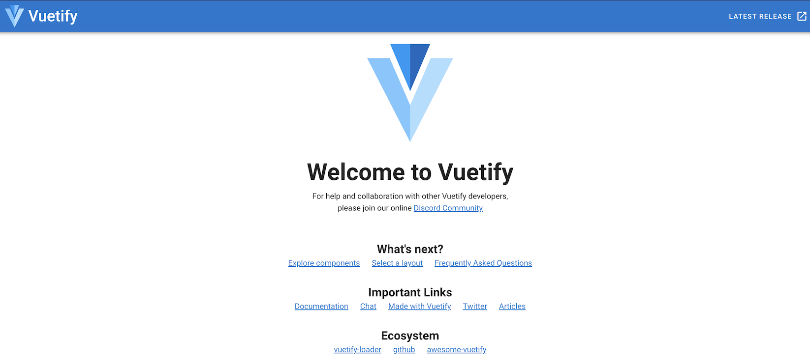 Default home screenshot of a VueJS application with Vuetify installed