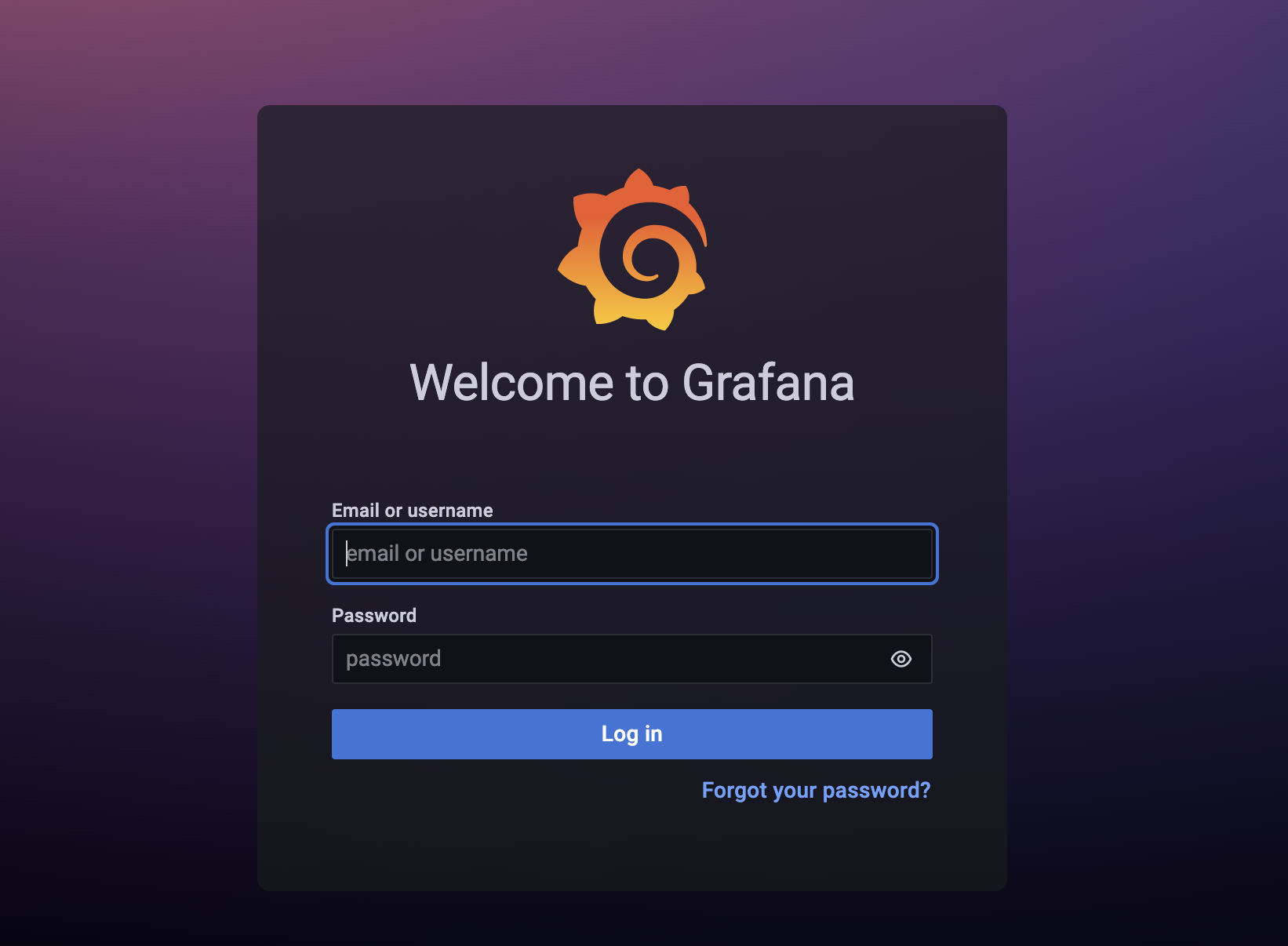 Grafana login page showing prompts for email or username as well as password