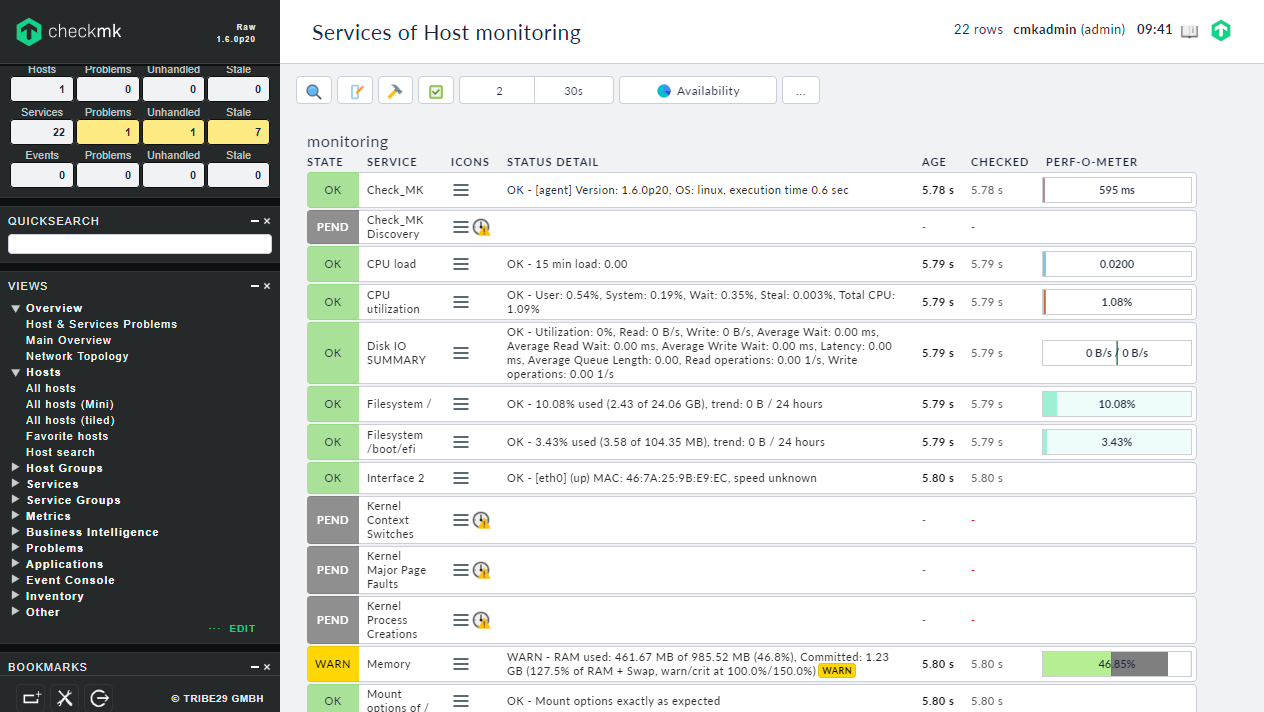 Details of a host service status