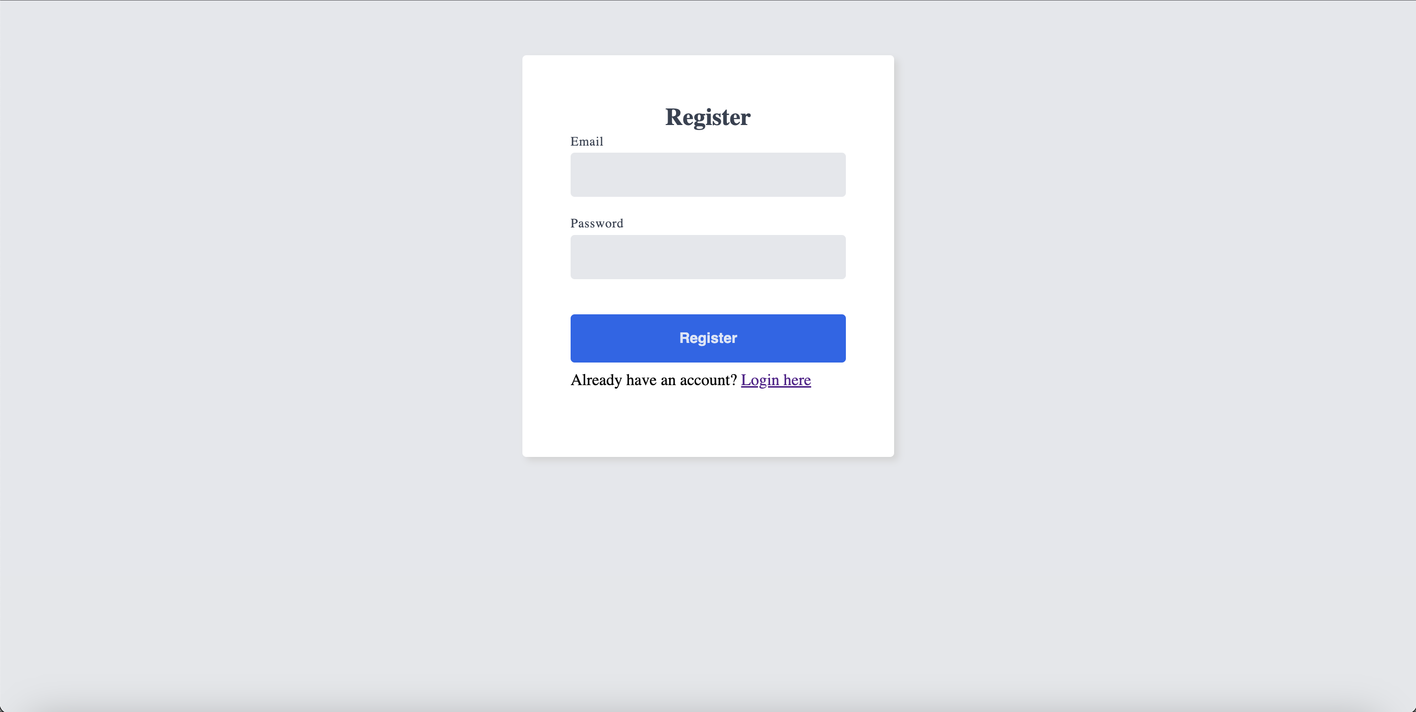 A Login page showing page title, inputs and register button