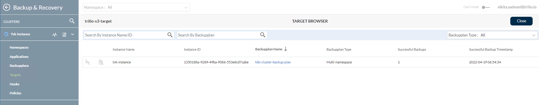 Screencapture showing the TVK target browser
