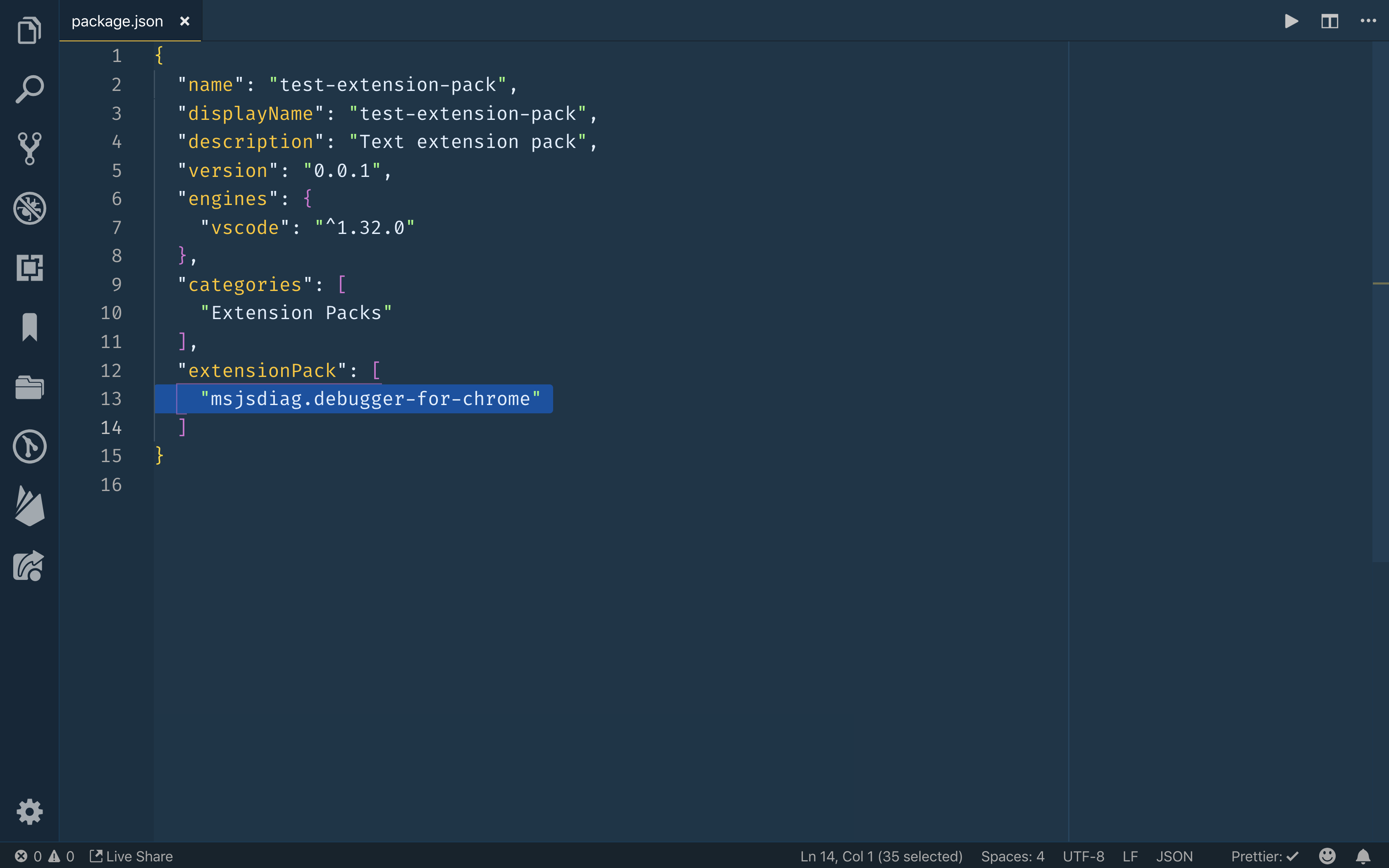 the text added to the package.json file after the extensionPack property
